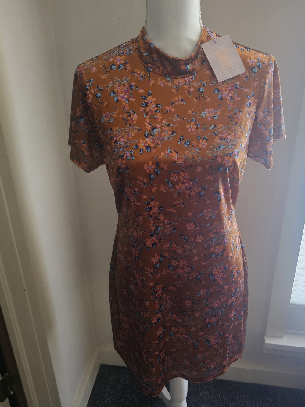 Savage X Fenty Floral Mock Neck Short Sleeve Dress - Rust